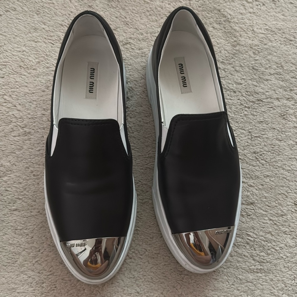 Authentic Miu Miu Platform leather with metal tips slip on shoes Size 38.5